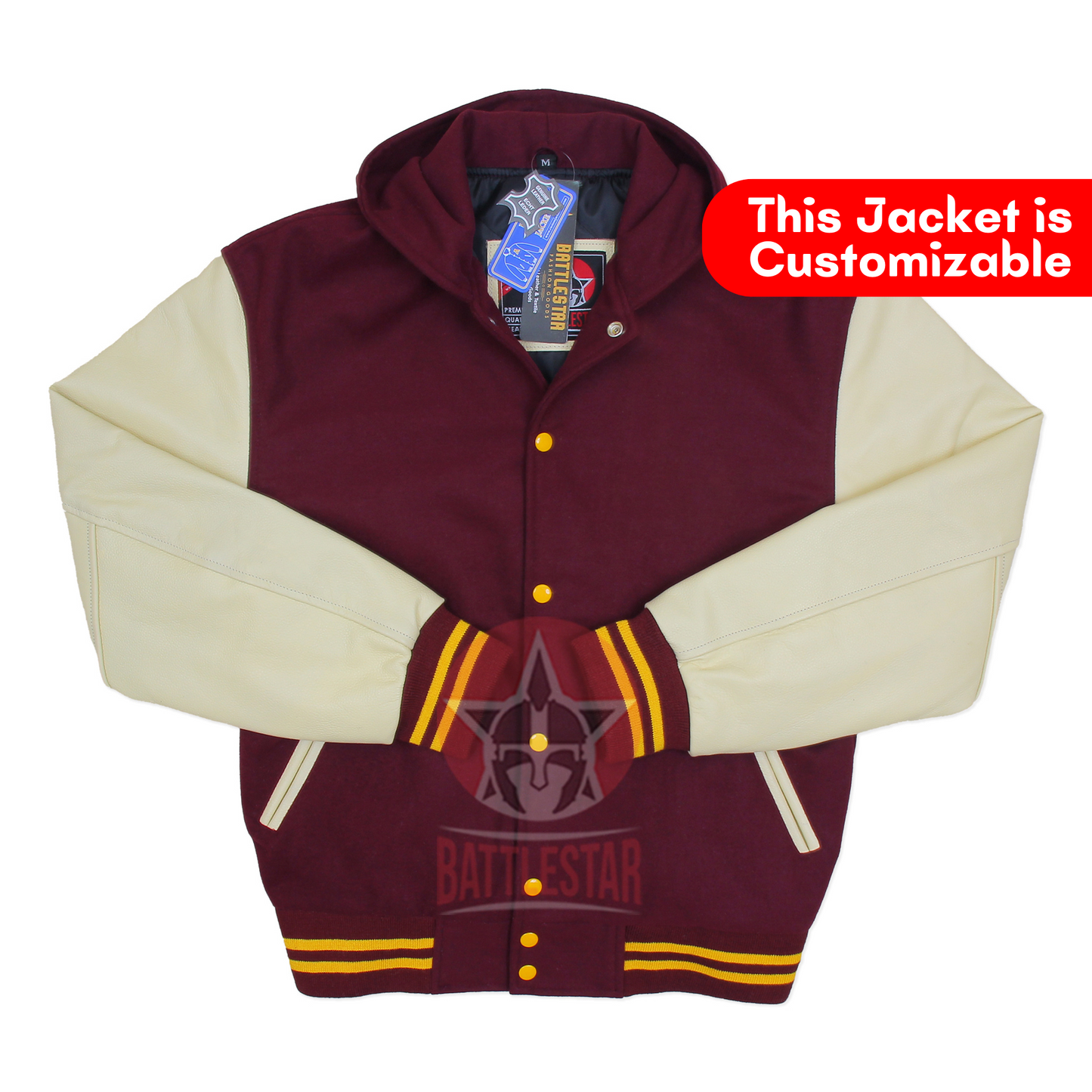 Maroon Wool Cream Leather Sleeves Hooded Varsity Jacket