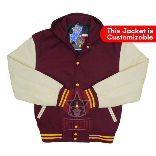 Maroon Wool Cream Leather Sleeves Hooded Varsity Jacket