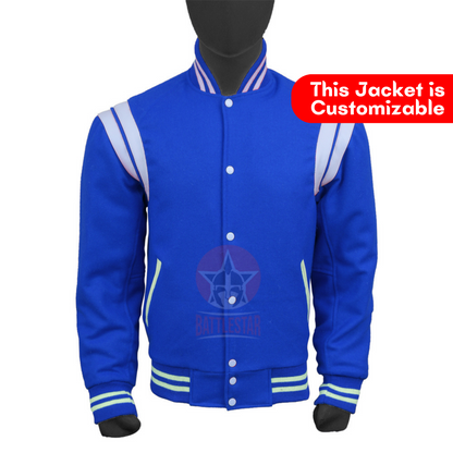 Royal Blue Wool White Leather Stripes Varsity Jacket