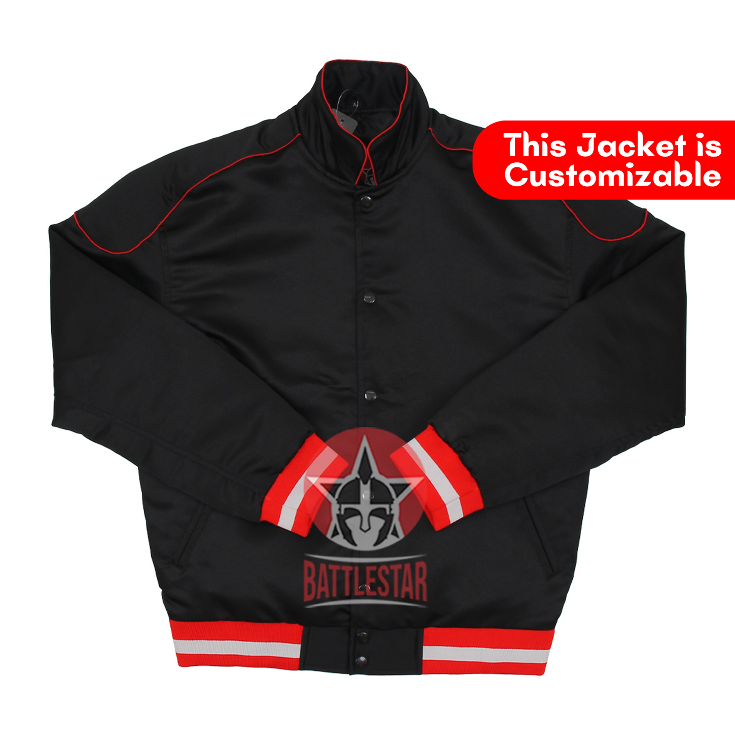 Black Satin Varsity Baseball Jacket Red White Rib
