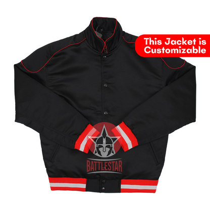 Black Satin Varsity Baseball Jacket Red White Rib