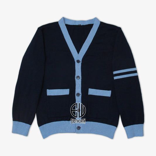 Handmade Unisex Jacquard Knitted Navy Blue- Sky Blue Cardigan School College Graduation Greek Sweater