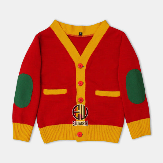 Handmade Unisex Jacquard Knitted Red & Gold Yellow Cardigan School College Graduation Greek Sweater