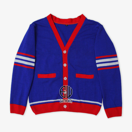 Handmade Unisex Jacquard Knitted Royal Blue & Red Cardigan School College Graduation Greek Sweater