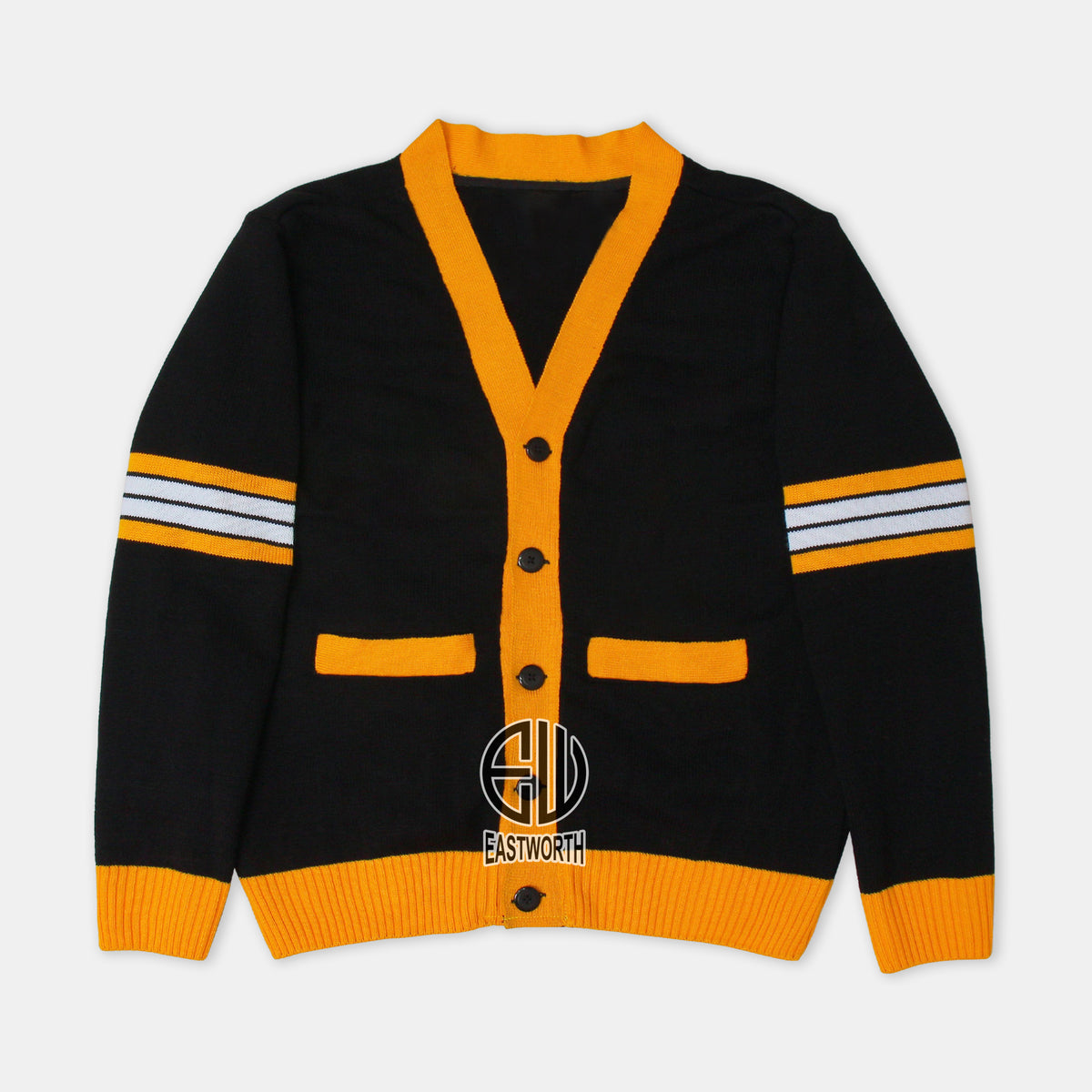 Handmade Unisex Jacquard Knitted Black & Gold Yellow Cardigan 