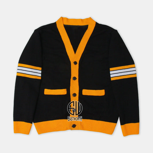 Handmade Unisex Jacquard Knitted Black & Gold Yellow Cardigan School College Graduation Greek Sweater