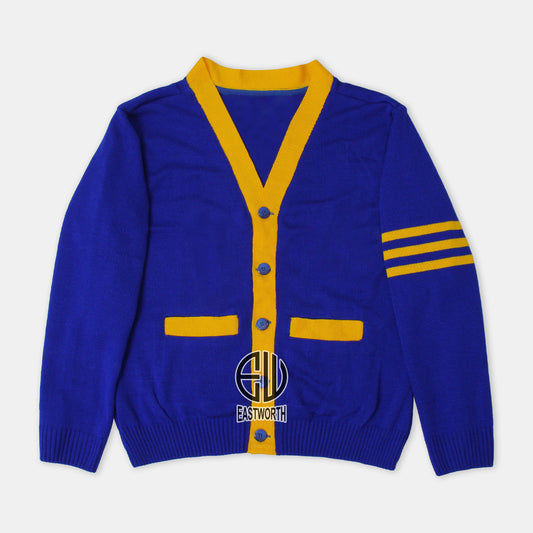 Handmade Unisex Jacquard Knitted Royal Blue & Yellow Cardigan School College Graduation Greek Sweater