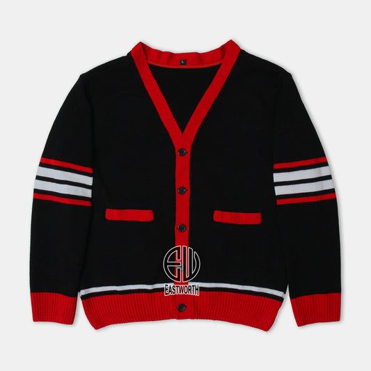 Handmade Unisex Jacquard Knitted Black & Red Cardigan School College Graduation Greek Sweater