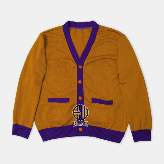 Handmade Unisex Jacquard Knitted Old Gold & Purple Cardigan School College Graduation Greek Sweater