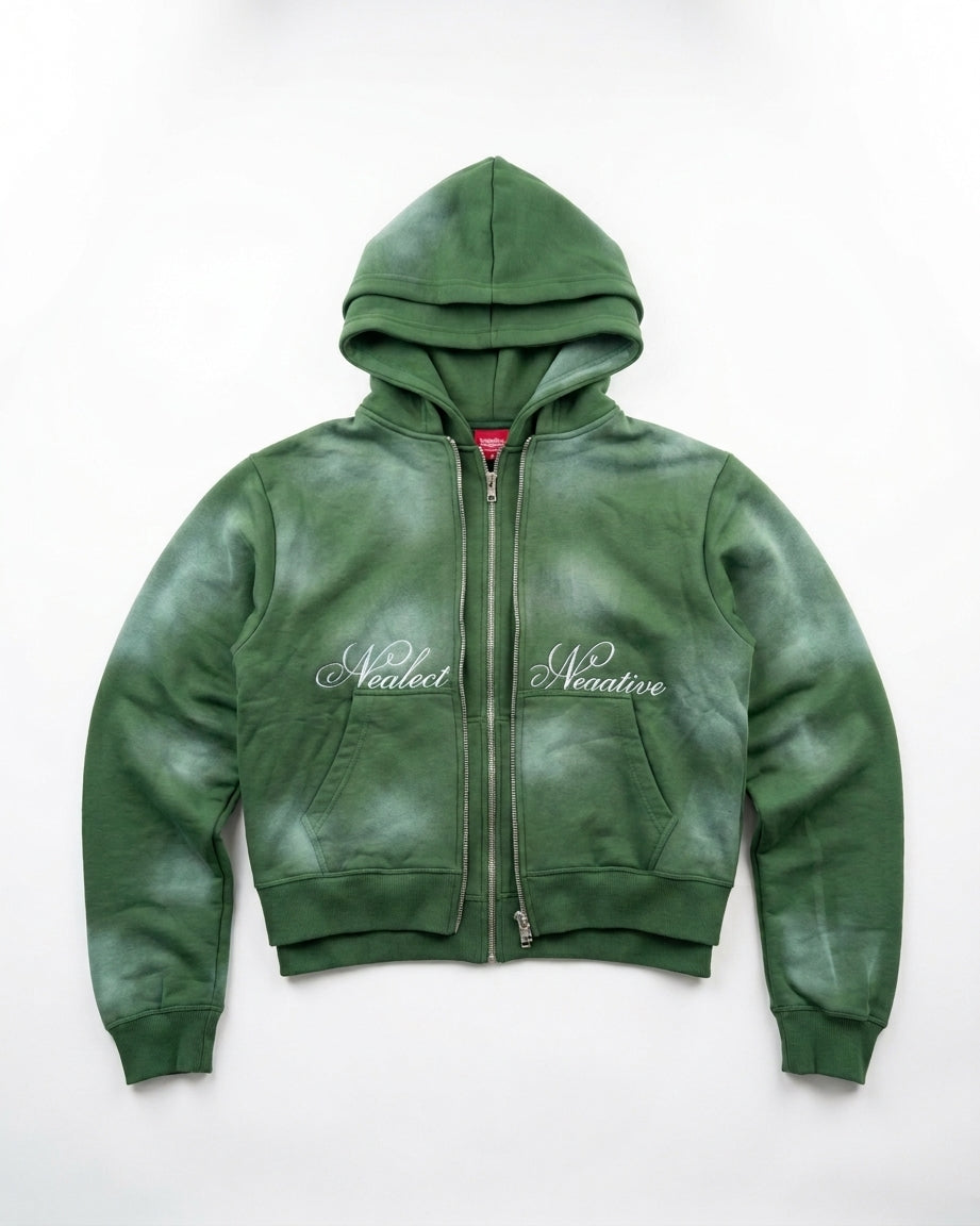 Custom Vintage Sun-Faded Cropped Double Layered Zip-Up Hoodie | Acid-Washed Script Embroidery & Metal Hardware | Wholesale Cut & Sew OEM Manufacturing