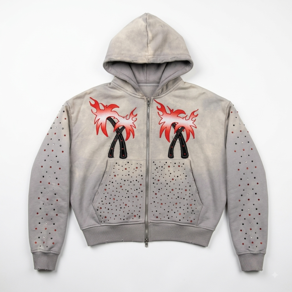 Custom Vintage Wash Zip-Up Hoodie | Rhinestone Detailing | Wholesale Cut & Sew Manufacturing