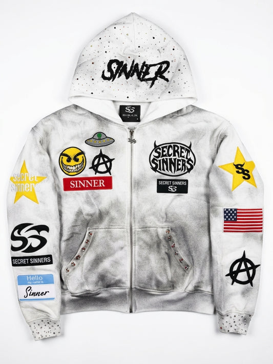 Custom Zip-Up Multi-Element Hoodie | Multi-Patch Assembly, Rhinestone & Hood Embroidery | Wholesale Cut & Sew OEM Manufacturing