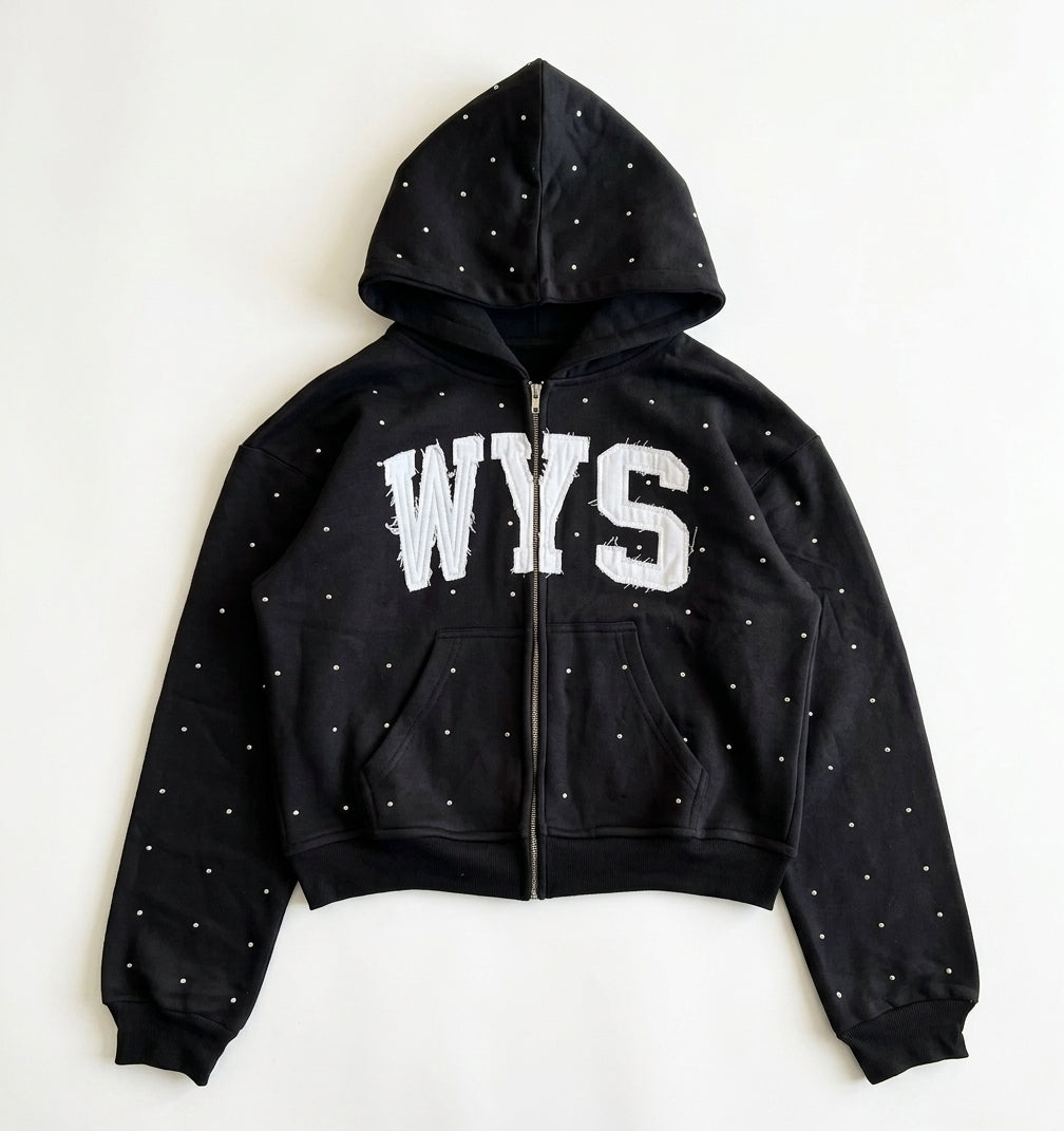 Custom Cropped Appliqué Lettering Zip-Up Hoodie | All-Over Rhinestone Studding | Wholesale Cut & Sew OEM Manufacturing