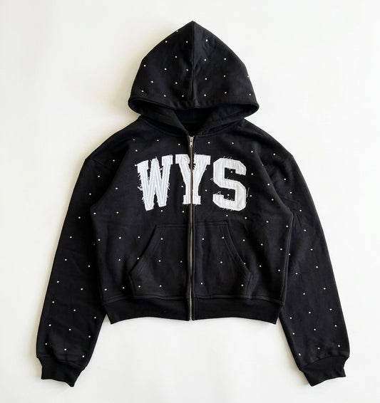 Custom Cropped Appliqué Lettering Zip-Up Hoodie | All-Over Rhinestone Studding | Wholesale Cut & Sew OEM Manufacturing