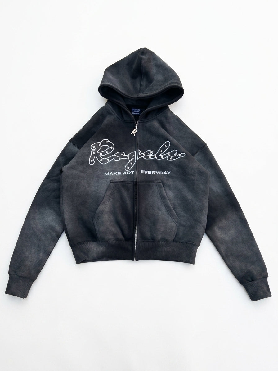 ustom Zip-Up Hoodie | Mineral Wash & Die-Cast Hardware | Drop-Shoulder Streetwear Pattern  | Wholesale Cut & Sew OEM Manufacturing