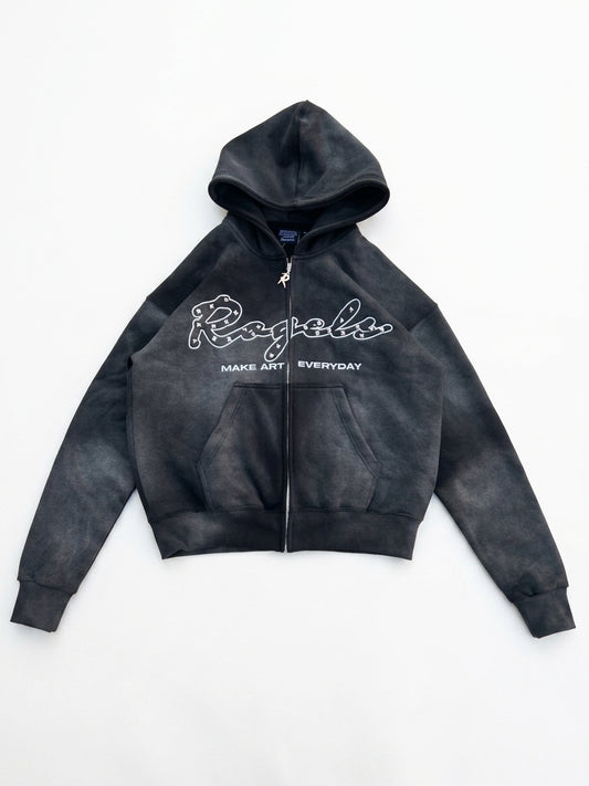 ustom Zip-Up Hoodie | Mineral Wash & Die-Cast Hardware | Drop-Shoulder Streetwear Pattern  | Wholesale Cut & Sew OEM Manufacturing