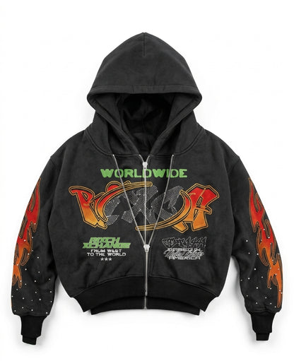 Custom Double Layer Distressed Rhinestone Detailing Hoodie |  Wholesale Cut & Sew OEM Manufacturing