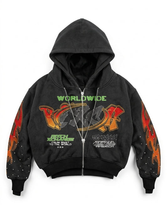 Custom Double Layer Distressed Rhinestone Detailing Hoodie |  Wholesale Cut & Sew OEM Manufacturing