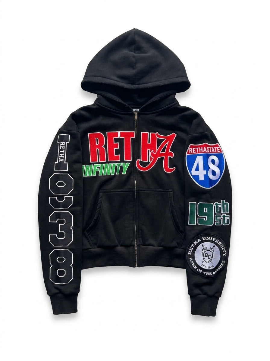 Custom Collegiate-Varsity Patchwork Full-Zip Hoodie | Custom Chenille Chest Lettering | Wholesale Cut & Sew OEM Manufacturing