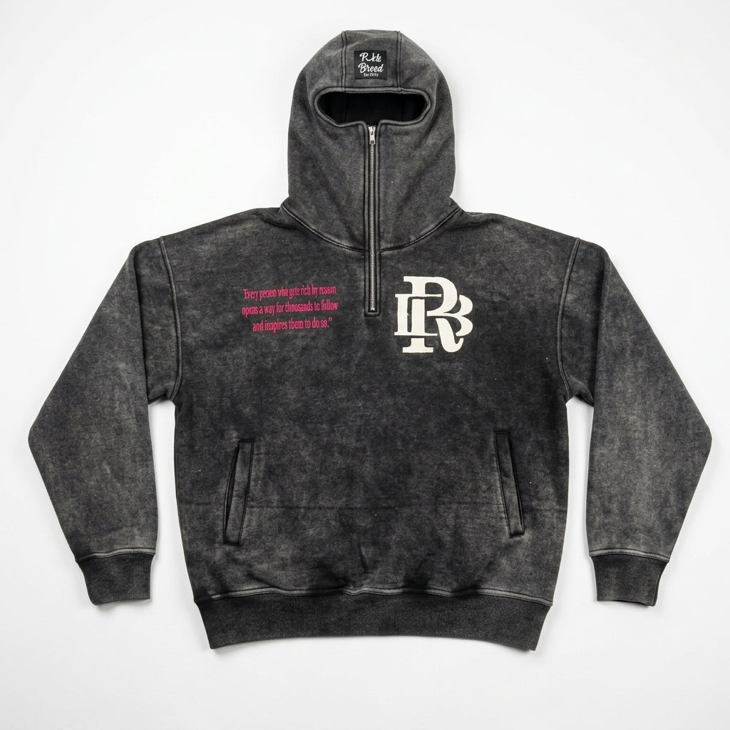 Custom Washed Balaclava Quarter-Zip Hoodie | Built-In Mask Construction | Wholesale Cut & Sew OEM Manufacturing