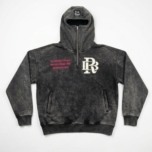 Custom Washed Balaclava Quarter-Zip Hoodie | Built-In Mask Construction | Wholesale Cut & Sew OEM Manufacturing