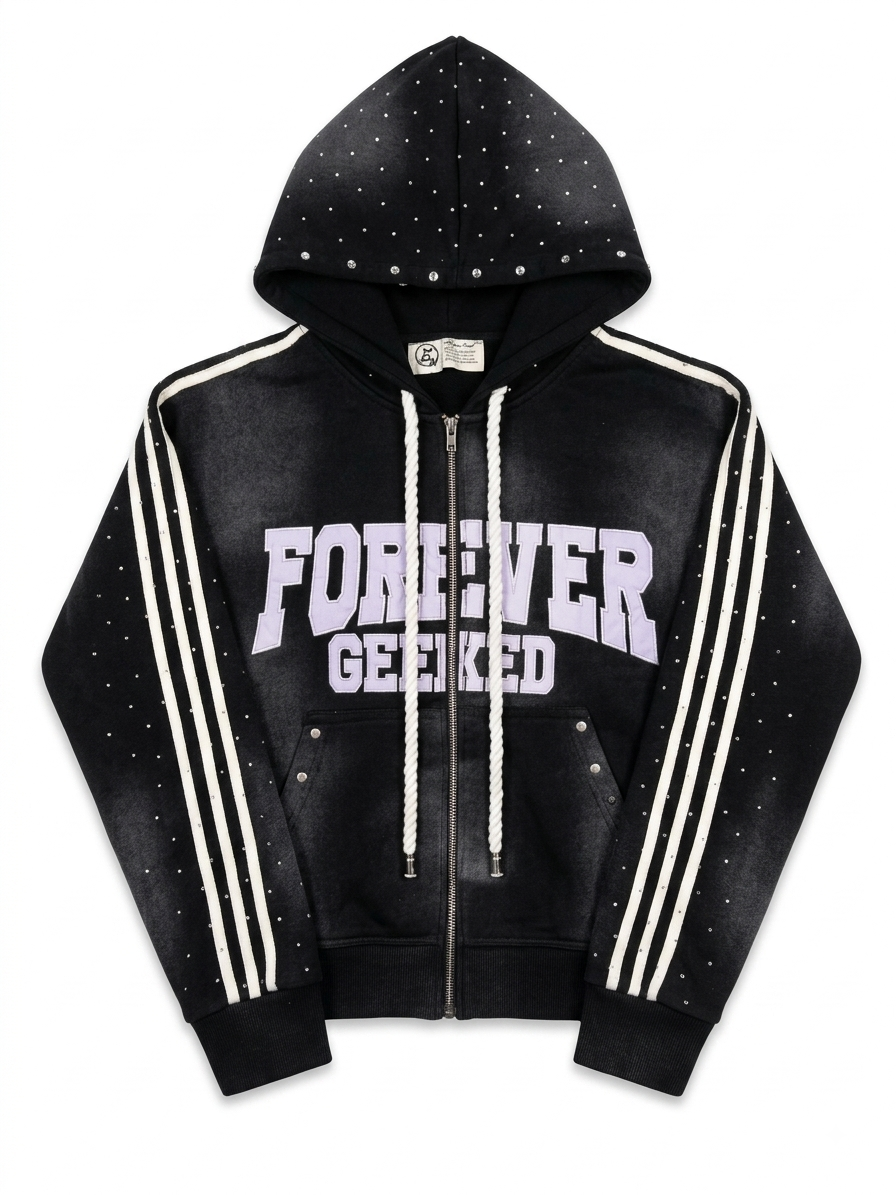 Custom Zip-Up Hoodie | Collegiate Appliqué & Vintage Wash Rhinestone Detailing | Wholesale Cut & Sew Manufacturing