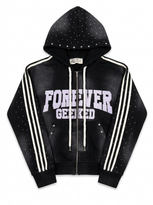 Custom Zip-Up Hoodie | Collegiate Appliqué & Vintage Wash Rhinestone Detailing | Wholesale Cut & Sew Manufacturing