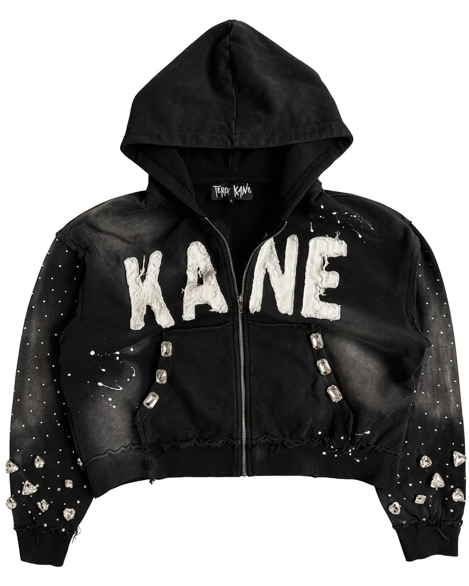 Custom Zip-Up Sun-Faded Hoodie | Gemstone, Raw-Edge Appliqué & Paint Splatter Detail  | Wholesale Cut & Sew OEM Manufacturing