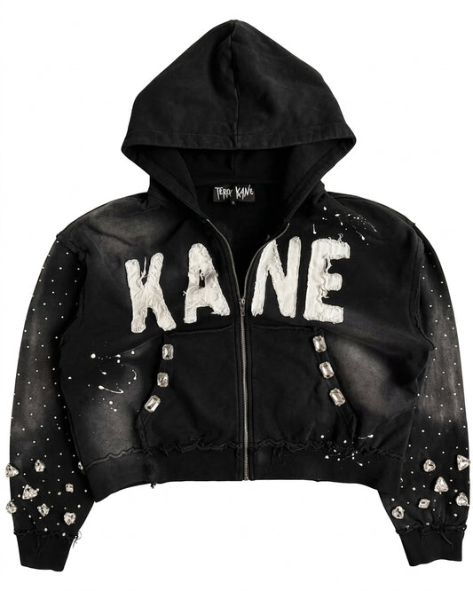 Custom Zip-Up Sun-Faded Hoodie | Gemstone, Raw-Edge Appliqué & Paint Splatter Detail  | Wholesale Cut & Sew OEM Manufacturing