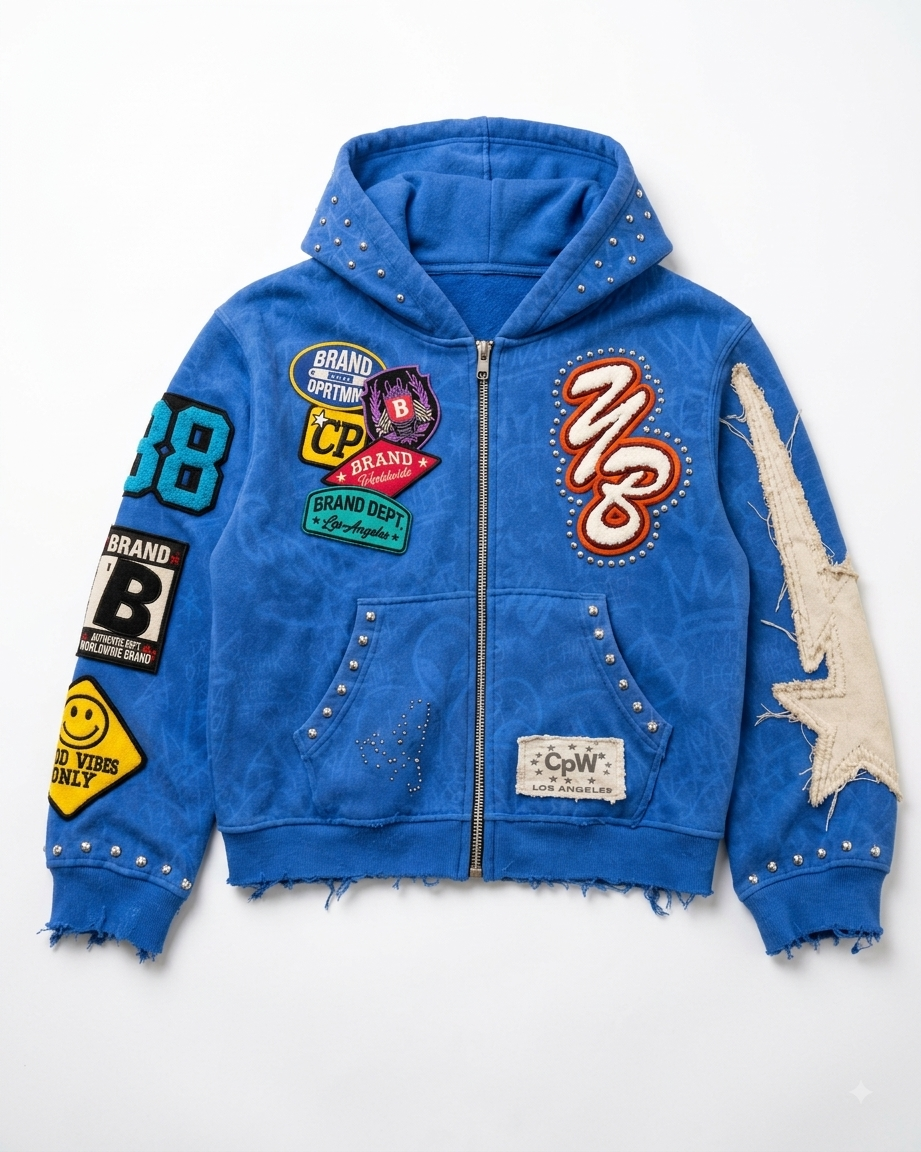 Custom Heavyweight Vintage Zip-Up Hoodie | Fully Customizable (Chenille, Studs & Patches) | Private Label Streetwear OEM/ODM Manufacturer