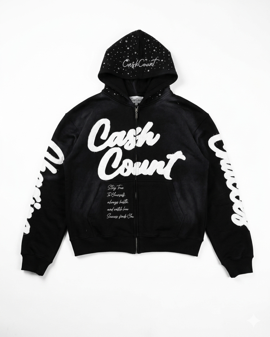 Custom Heavyweight Distressed Streetwear Full-Zip Hoodie | Rhinestone & Custom Zip Puller | Bulk Orders & Wholesale