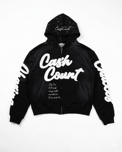 Custom Heavyweight Distressed Streetwear Full-Zip Hoodie | Rhinestone & Custom Zip Puller | Bulk Orders & Wholesale