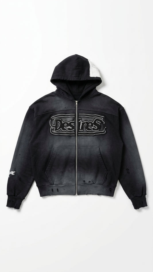 Custom acid-wash contrasting hood panel Zip-Up Hoodie | Split-Zipper Appliqué Embroidery | Wholesale Cut & Sew OEM Manufacturing