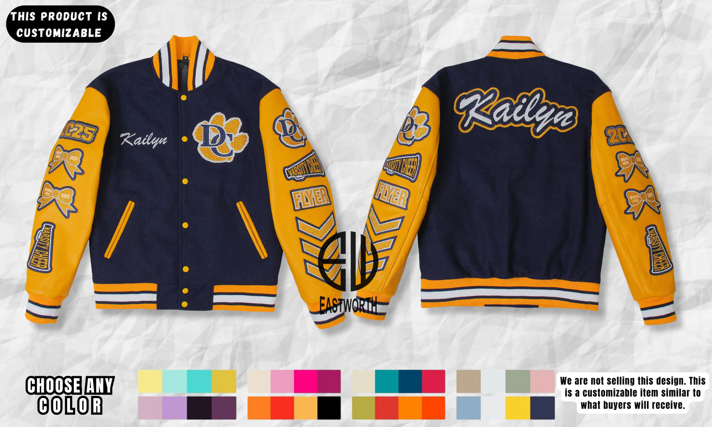 Personalized Wool and Leather Embroidered Cheerleader Rhinestone Varsity Jacket