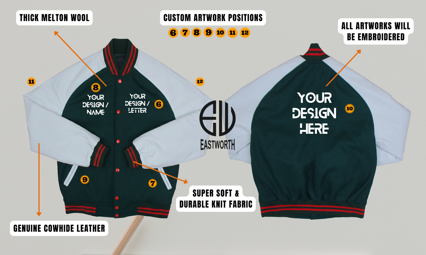 Personalized Wool and Leather Raglan Sleeves Embroidered Varsity Jacket