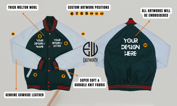 Personalized Wool and Leather Raglan Sleeves Embroidered Varsity Jacke ...