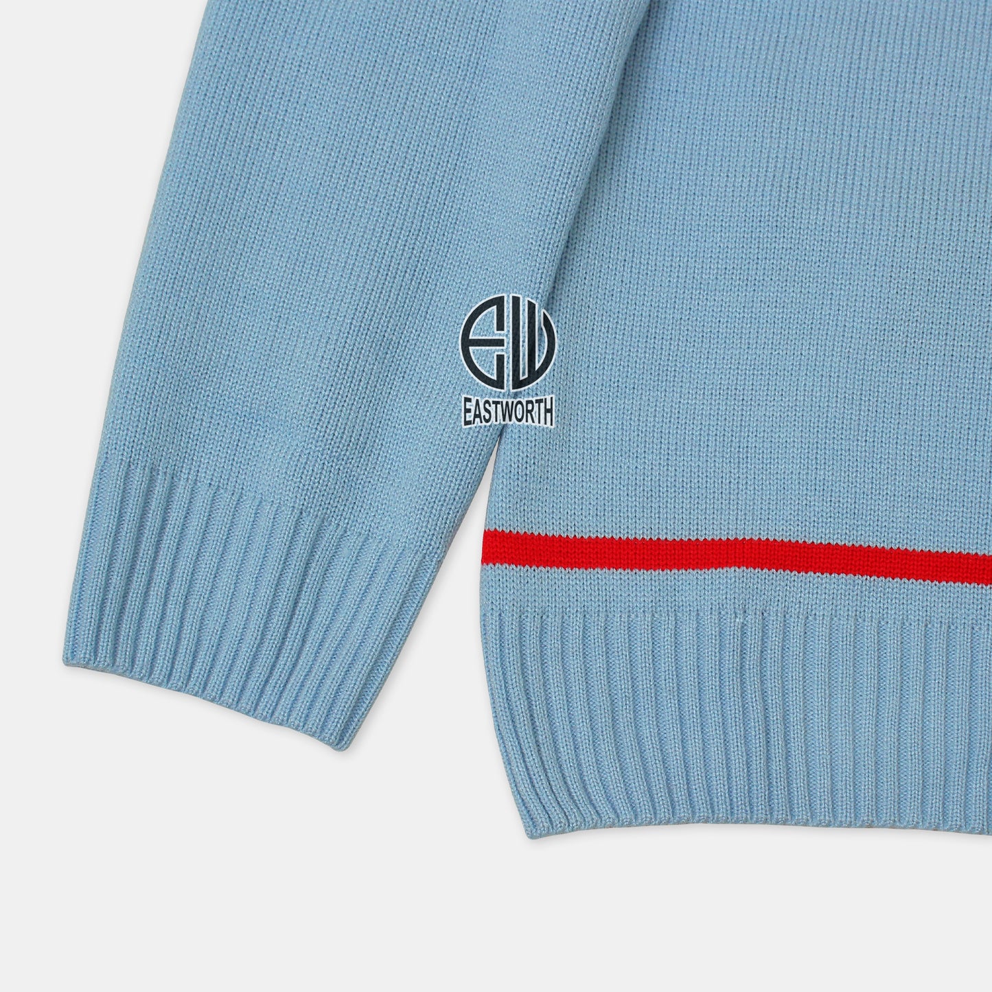 Handmade Unisex Jacquard Knitted Sky Blue & Red Cardigan School College Graduation Greek Sweater