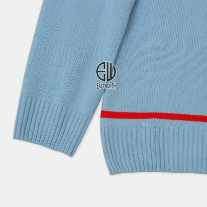Handmade Unisex Jacquard Knitted Sky Blue & Red Cardigan School College Graduation Greek Sweater