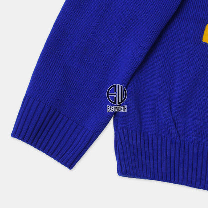 Handmade Unisex Jacquard Knitted Royal Blue & Yellow Cardigan School College Graduation Greek Sweater