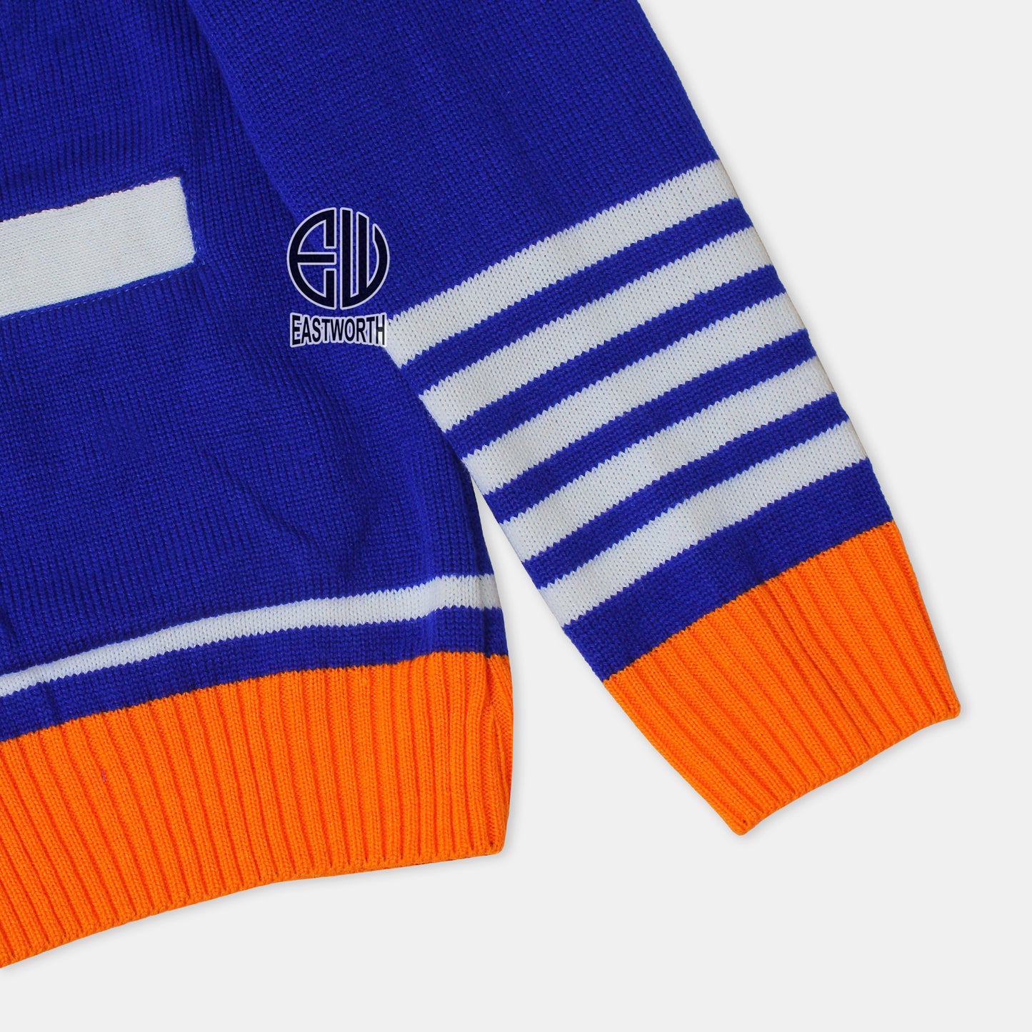 Handmade Unisex Jacquard Knitted Royal Blue-White & Orange Cardigan School College Graduation Greek Sweater