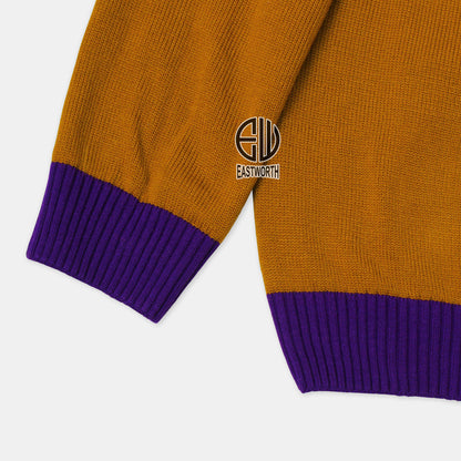 Handmade Unisex Jacquard Knitted Old Gold & Purple Cardigan School College Graduation Greek Sweater