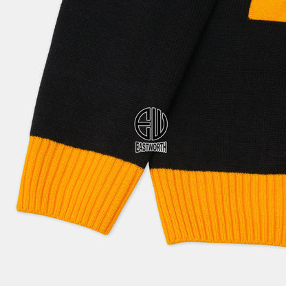 Handmade Unisex Jacquard Knitted Black & Gold Yellow Cardigan School College Graduation Greek Sweater