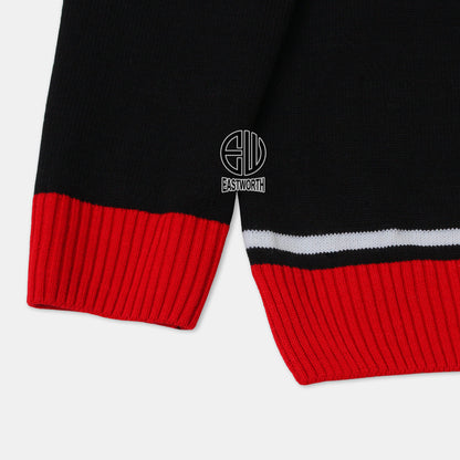 Handmade Unisex Jacquard Knitted Black & Red Cardigan School College Graduation Greek Sweater