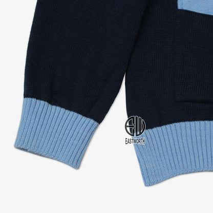 Handmade Unisex Jacquard Knitted Navy Blue- Sky Blue Cardigan School College Graduation Greek Sweater