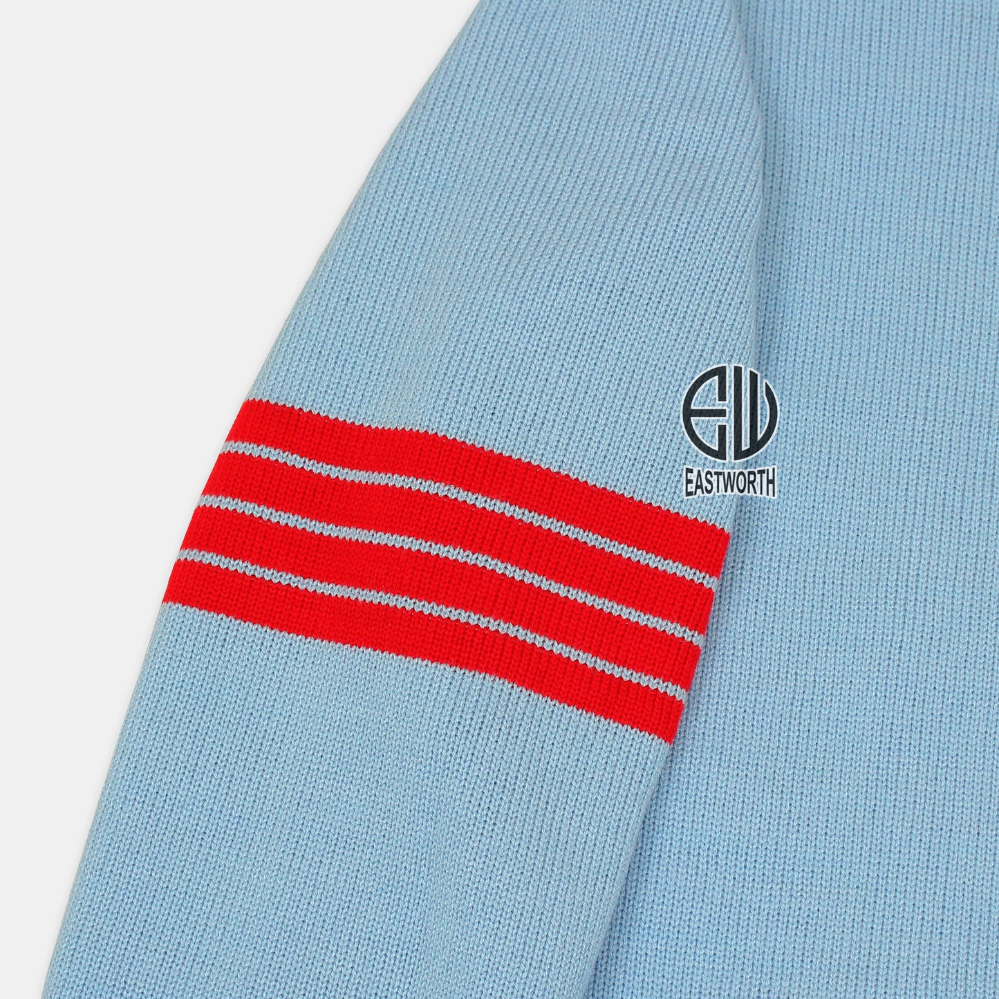 Handmade Unisex Jacquard Knitted Sky Blue & Red Cardigan School College Graduation Greek Sweater