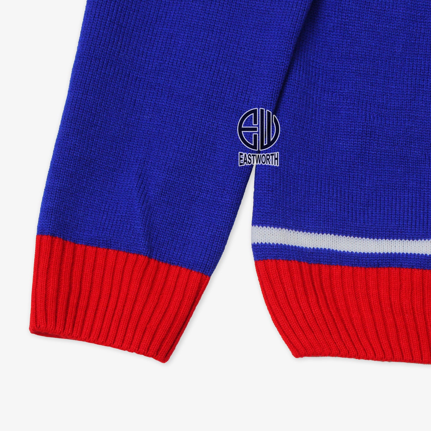 Handmade Unisex Jacquard Knitted Royal Blue & Red Cardigan School College Graduation Greek Sweater