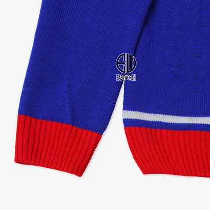 Handmade Unisex Jacquard Knitted Royal Blue & Red Cardigan School College Graduation Greek Sweater