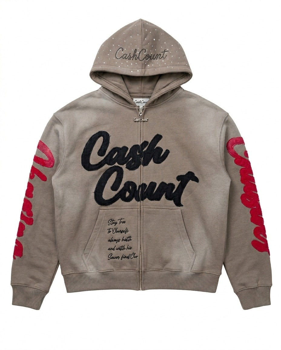 Custom Heavyweight Distressed Streetwear Full-Zip Hoodie | Rhinestone & Custom Zip Puller | Bulk Orders & Wholesale