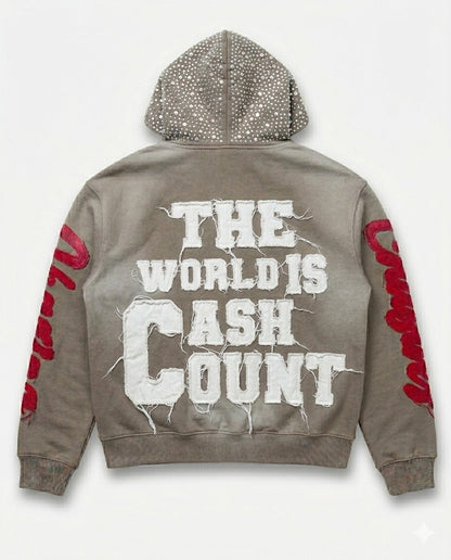 Custom Heavyweight Distressed Streetwear Full-Zip Hoodie | Rhinestone & Custom Zip Puller | Bulk Orders & Wholesale