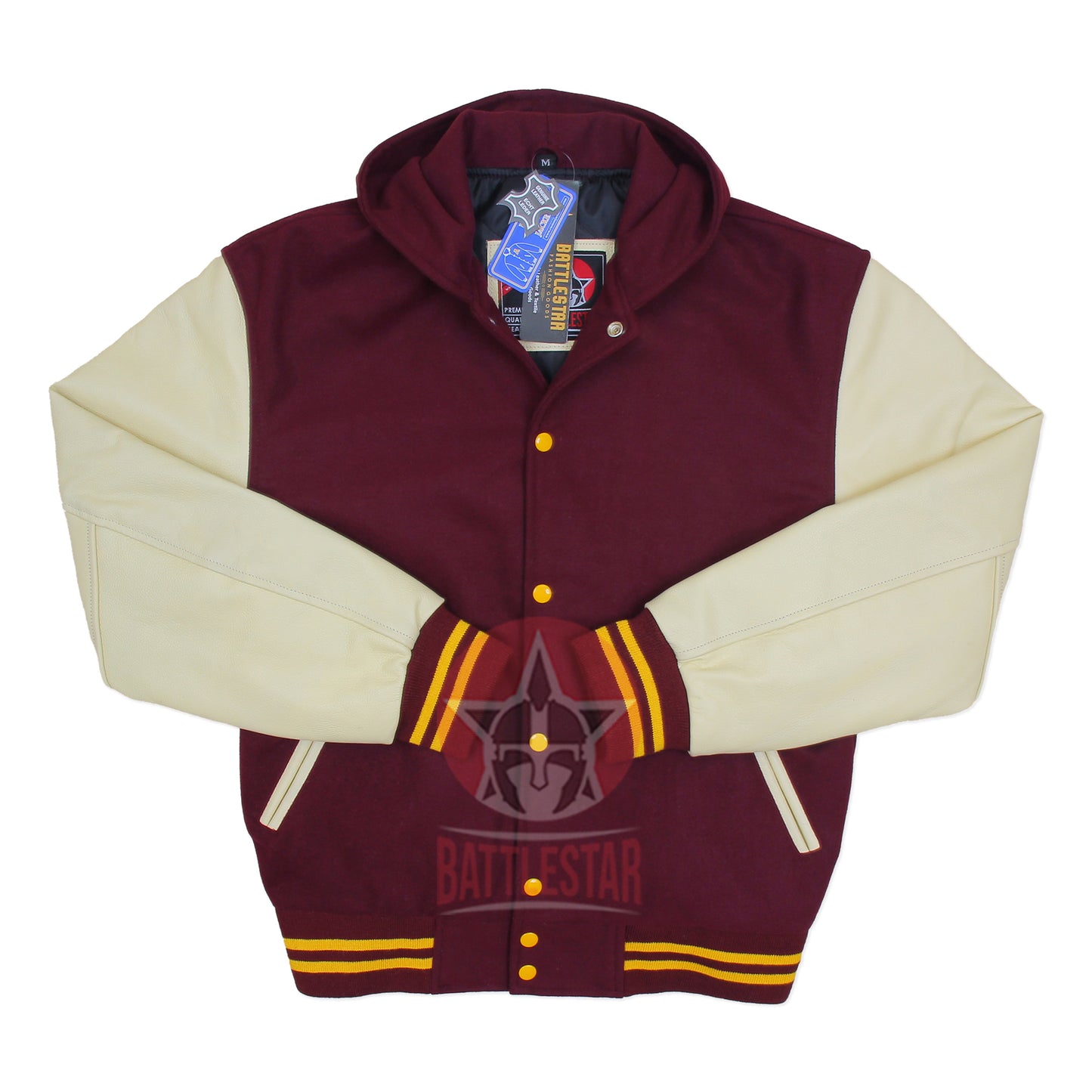 Maroon Wool Cream Leather Sleeves Hooded Varsity Jacket